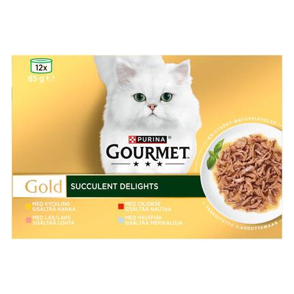 PURINA GOURMET™ GOLD Succulent Delights sisältää kanaa, lohta, nautaa, merikalaa, 12x85g purkkia