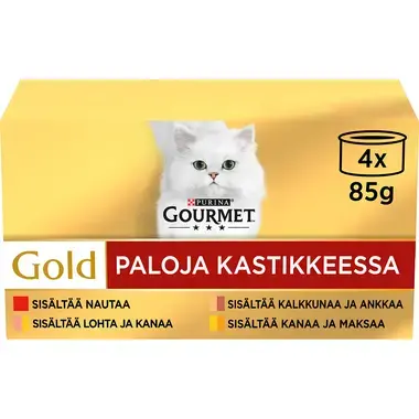 GOURMET® Gold Paloja kastikkeessa sisältää Nautaa, Kalkkunaa & Ankka, Lohta & Kanaa ja Kanaa & Maksaa
