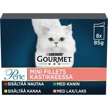 GOURMET® Perle Minifileitä kastikkeessa sisältää Nautaa, Kanaa, Kaniinia & Lohta