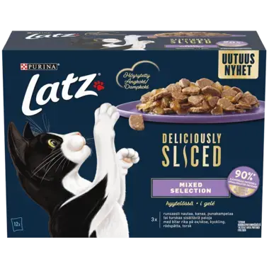 Latz® Deliciously Sliced Mixed Selection -kissan märkäruoka hyytelössä