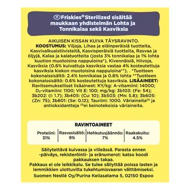 Friskies® Sterilized sisältää maukkaan yhdistelmän Lohta ja Tonnikala sekä Kasviksia