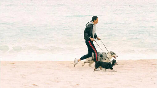 A woman runs along the beach with two dogs